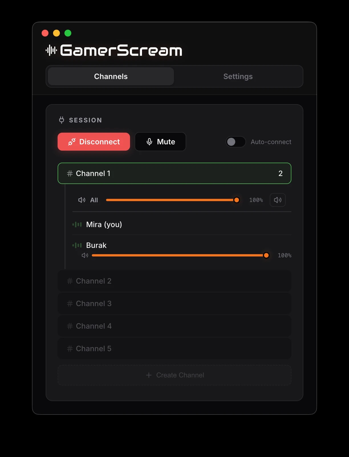 GamerScream on Mac showing a connected voice channel with two players, mute controls and individual player volume sliders.